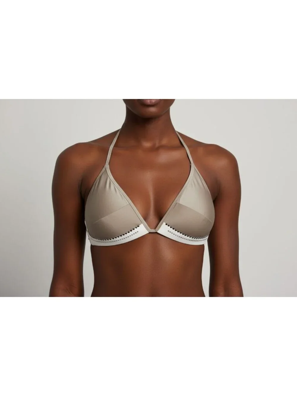 Rhinestone-Embellished Brown & White Bikini Top With Tie Back